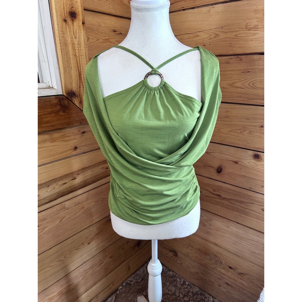 BCX Green Cowl Neck O-Ring Halter Sleeveless Ruched Top Size L